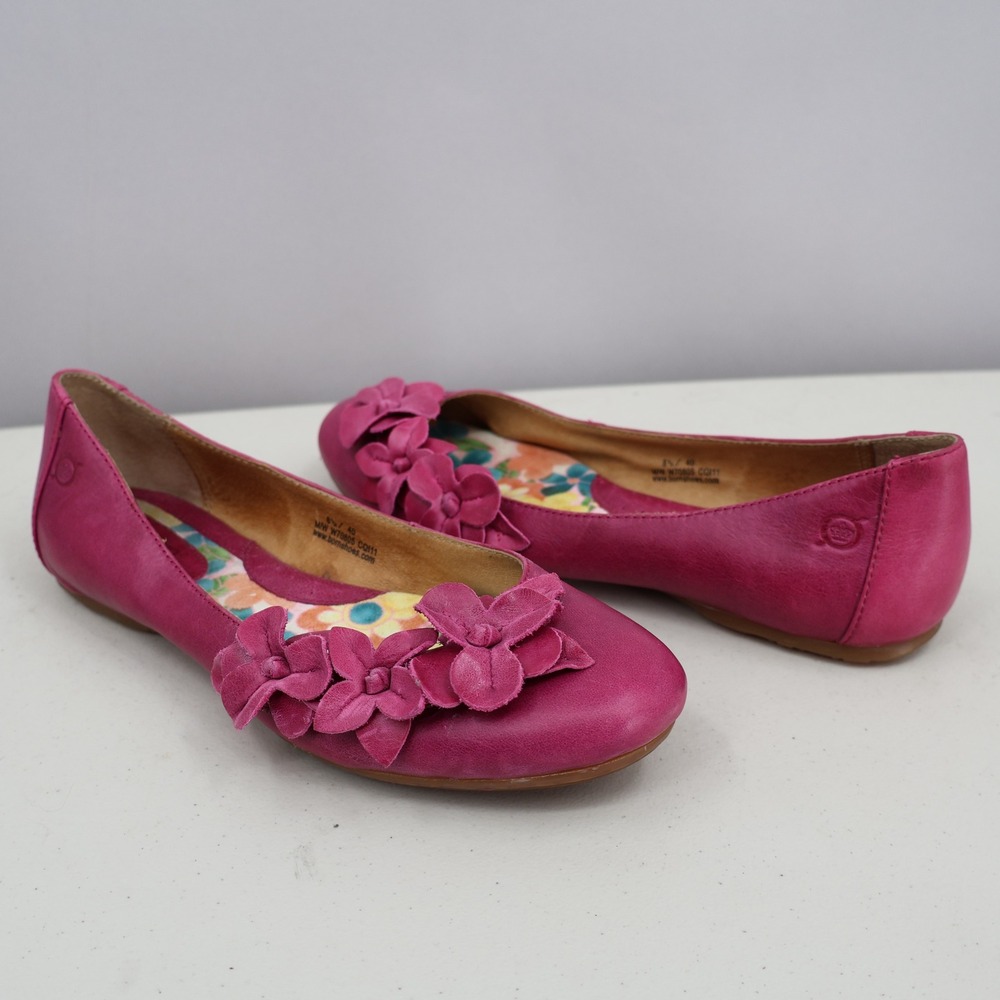 Born Ballet Flats Women 8.5 Pink Leather Floral Applique Slip On Twee Whimsical